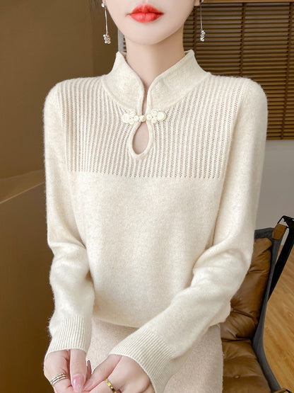 Woolen sweater, women's new Chinese style buttoned top, knitted sweater, Chinese style sweater, long sleeved base sweater