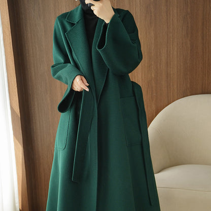 Long and Loose Double-Faced Cashmere Coat with Korean Style Tie-Up Wool Jacket