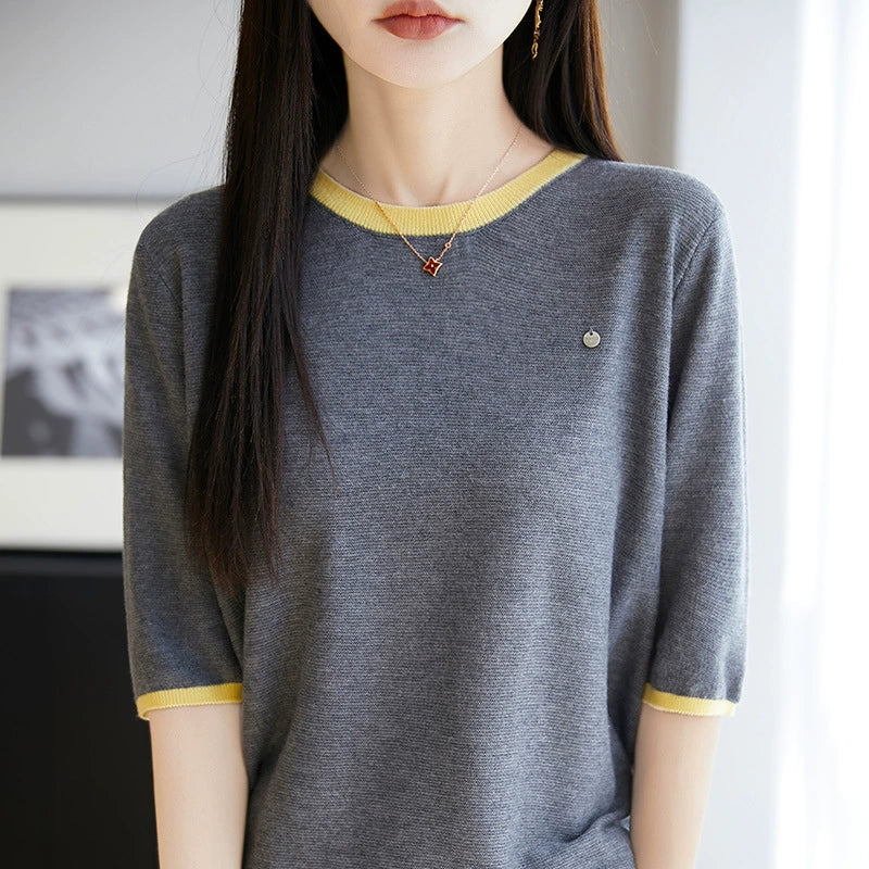 2025 Summer New Knitted Wool Round Neck Knitted Shirt Short Sleeve T-shirt Women's Color blocked Loose and Versatile Match*