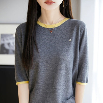 2025 Summer New Knitted Wool Round Neck Knitted Shirt Short Sleeve T-shirt Women's Color blocked Loose and Versatile Match*
