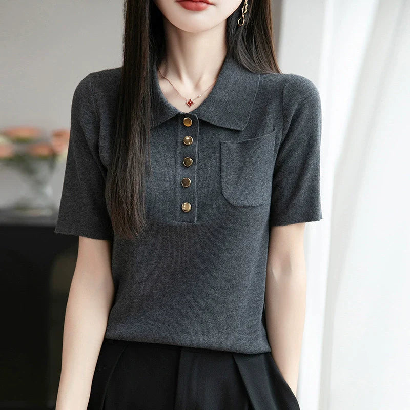 2025 New Ice Silk Polo Collar Knitted Shirt Short Sleeve Women's T-shirt*
