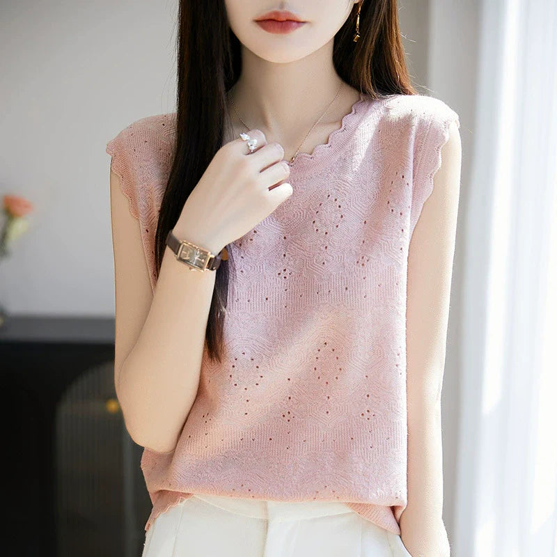 Women's woven wool lace round neck knitted vest with hollowed out jacquard sleeveless base sweater*