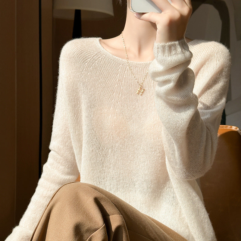 Women's seamless cashmere Tencel thin round neck loose and lazy sweater, wool knitted base sweater