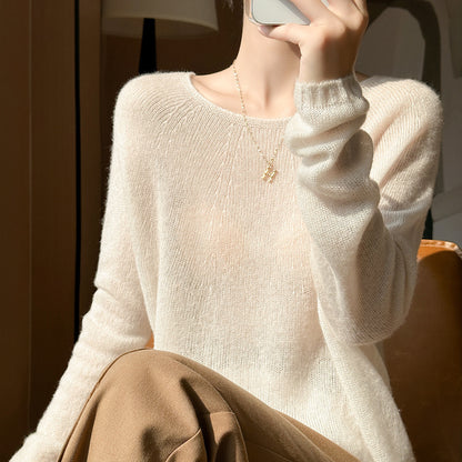Women's seamless cashmere Tencel thin round neck loose and lazy sweater, wool knitted base sweater