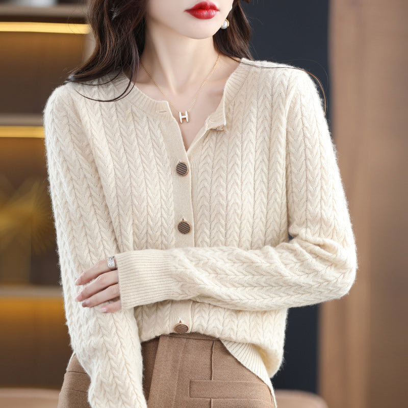 New 100% wool round neck Fried Dough Twists metal button cardigan solid loose knit versatile top 25