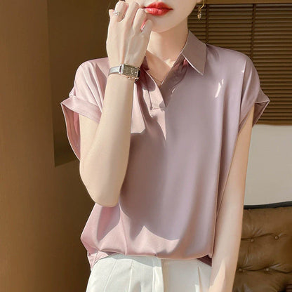 2025 New satin short sleeved shirt for women, casual, fashionable and versatile French shirt*