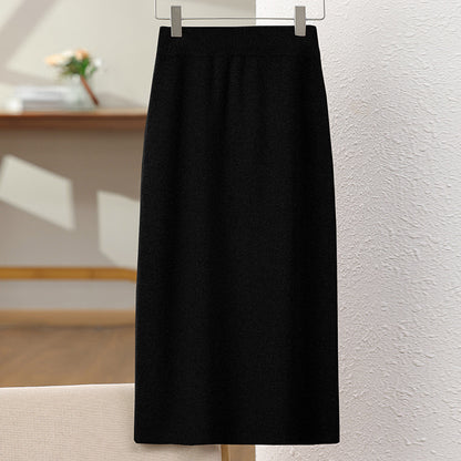 Women's 100% wool long loose and versatile fitted hip-hugging dress 25