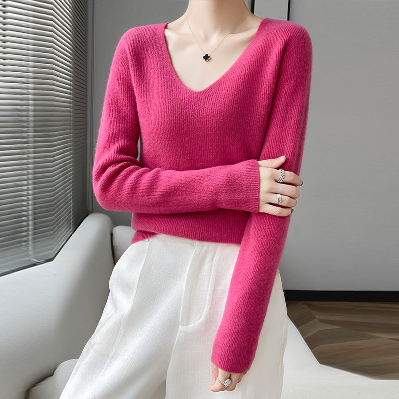 First line ready to wear seamless 100% pure wool sweater women's V-neck sweater with cashmere base knit sweater underneath