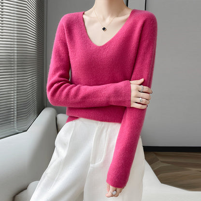 First line ready to wear seamless 100% pure wool sweater women's V-neck sweater with cashmere base knit sweater underneath