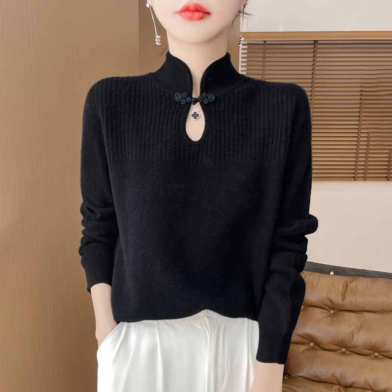 Woolen sweater, women's new Chinese style buttoned top, knitted sweater, Chinese style sweater, long sleeved base sweater