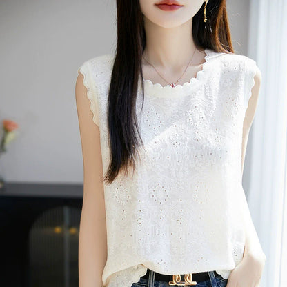 Women's woven wool lace round neck knitted vest with hollowed out jacquard sleeveless base sweater*