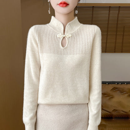 Woolen sweater, women's new Chinese style buttoned top, knitted sweater, Chinese style sweater, long sleeved base sweater
