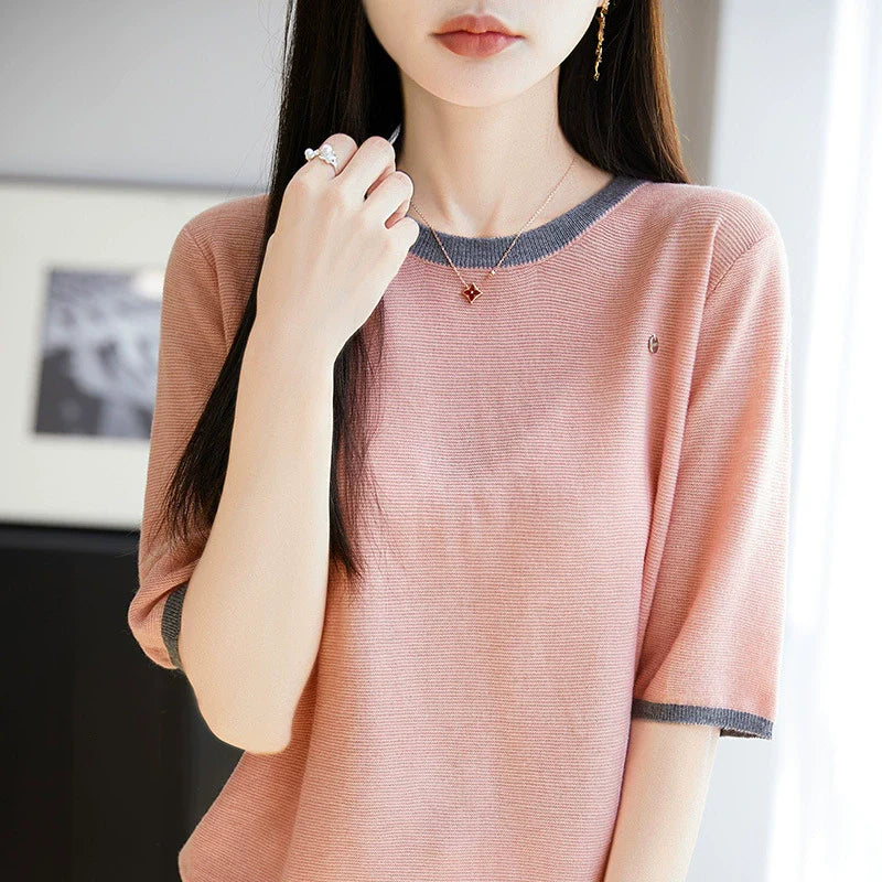 2025 Summer New Knitted Wool Round Neck Knitted Shirt Short Sleeve T-shirt Women's Color blocked Loose and Versatile Match*