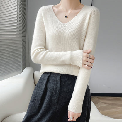 First line ready to wear seamless 100% pure wool sweater women's V-neck sweater with cashmere base knit sweater underneath