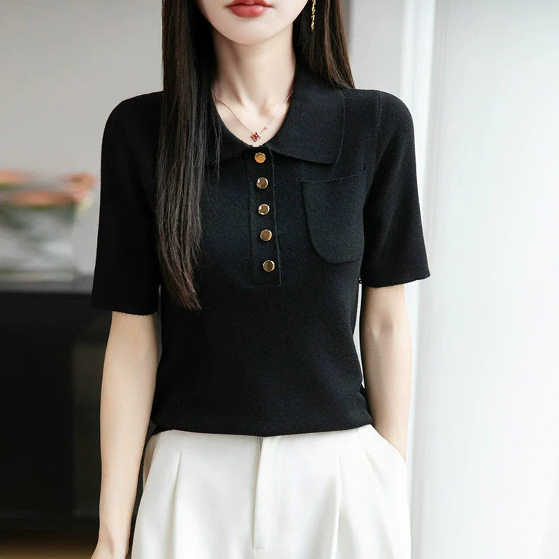 2025 New Ice Silk Polo Collar Knitted Shirt Short Sleeve Women's T-shirt*