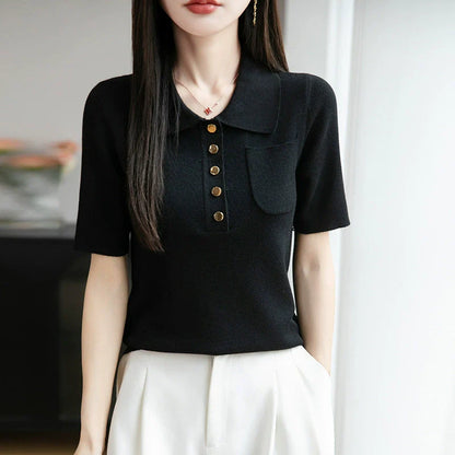 2025 New Ice Silk Polo Collar Knitted Shirt Short Sleeve Women's T-shirt*