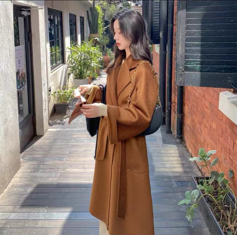 Long and Loose Double-Faced Cashmere Coat with Korean Style Tie-Up Wool Jacket