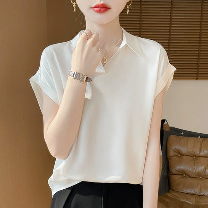 2025 New satin short sleeved shirt for women, casual, fashionable and versatile French shirt*