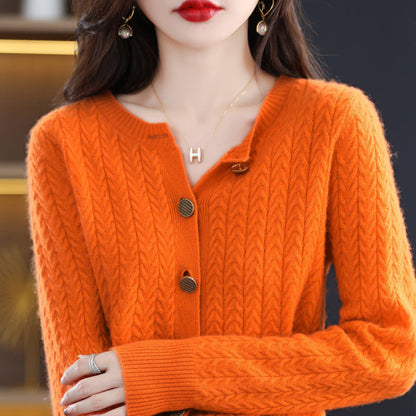 2025 New 100% wool round neck Fried Dough Twists metal button cardigan solid loose knit versatile top*