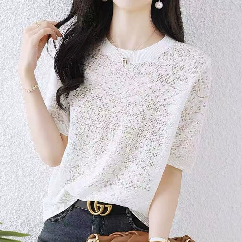 2025 Ladies' hollowed out ice silk T-shirt summer thin casual white short sleeved top*