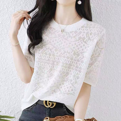 2025 Ladies' hollowed out ice silk T-shirt summer thin casual white short sleeved top*