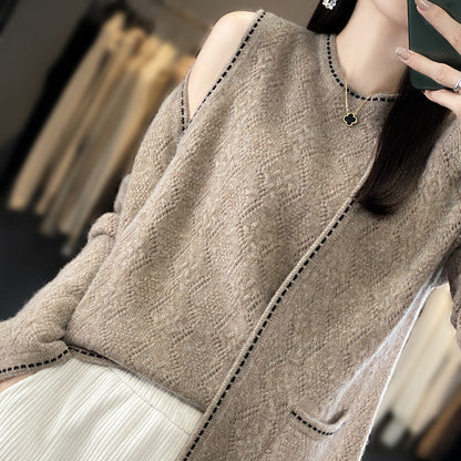 2025 New handmade crochet top with 100% wool sweater loose vest cardigan two-piece sweater set*