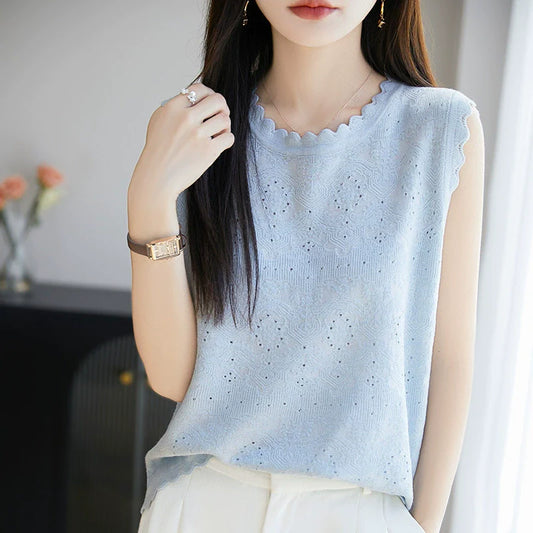 Women's woven wool lace round neck knitted vest with hollowed out jacquard sleeveless base sweater*