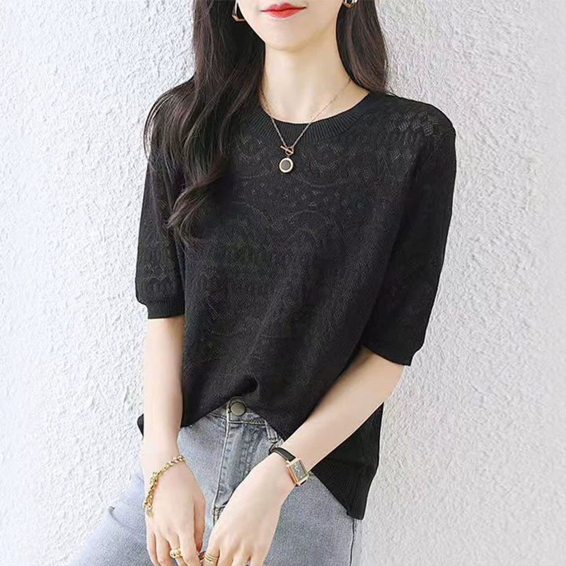 2025 Ladies' hollowed out ice silk T-shirt summer thin casual white short sleeved top*