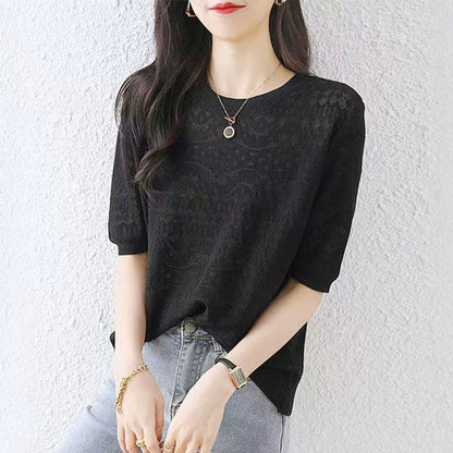 2025 Ladies' hollowed out ice silk T-shirt summer thin casual white short sleeved top*