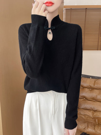 Woolen sweater, women's new Chinese style buttoned top, knitted sweater, Chinese style sweater, long sleeved base sweater