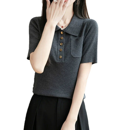 2025 New Ice Silk Polo Collar Knitted Shirt Short Sleeve Women's T-shirt*