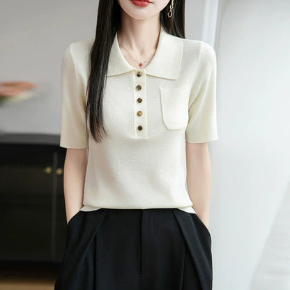 2025 New Ice Silk Polo Collar Knitted Shirt Short Sleeve Women's T-shirt*