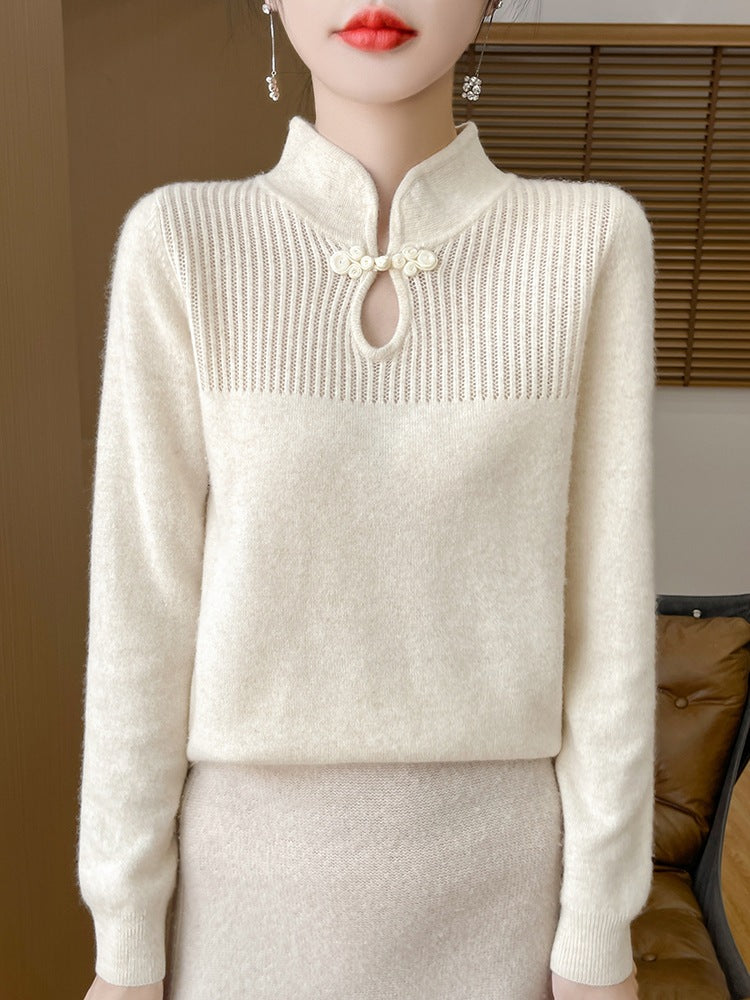 Woolen sweater, women's new Chinese style buttoned top, knitted sweater, Chinese style sweater, long sleeved base sweater