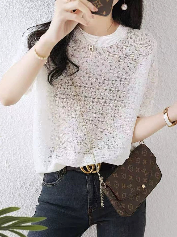 2025 Ladies' hollowed out ice silk T-shirt summer thin casual white short sleeved top*