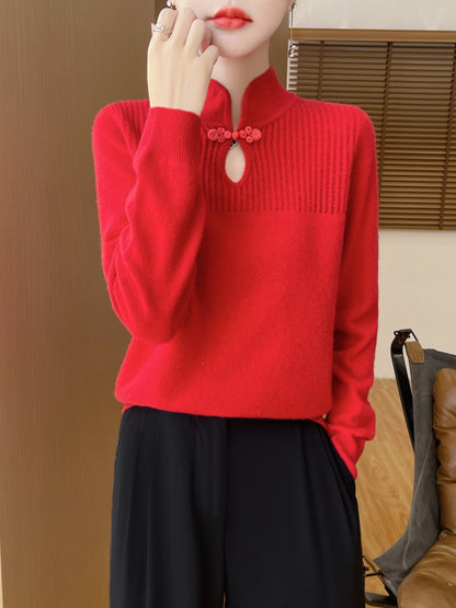 Woolen sweater, women's new Chinese style buttoned top, knitted sweater, Chinese style sweater, long sleeved base sweater