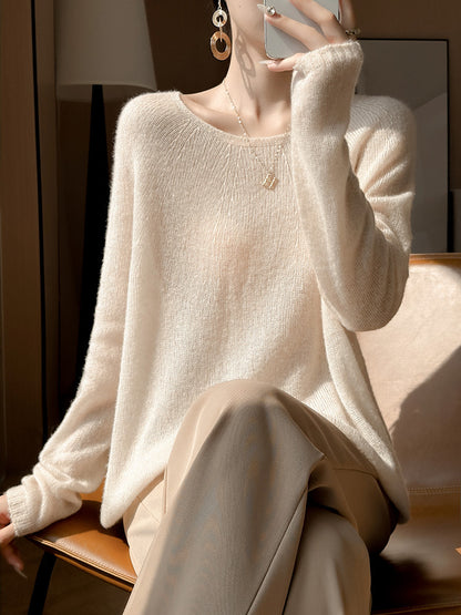Women's seamless cashmere Tencel thin round neck loose and lazy sweater, wool knitted base sweater