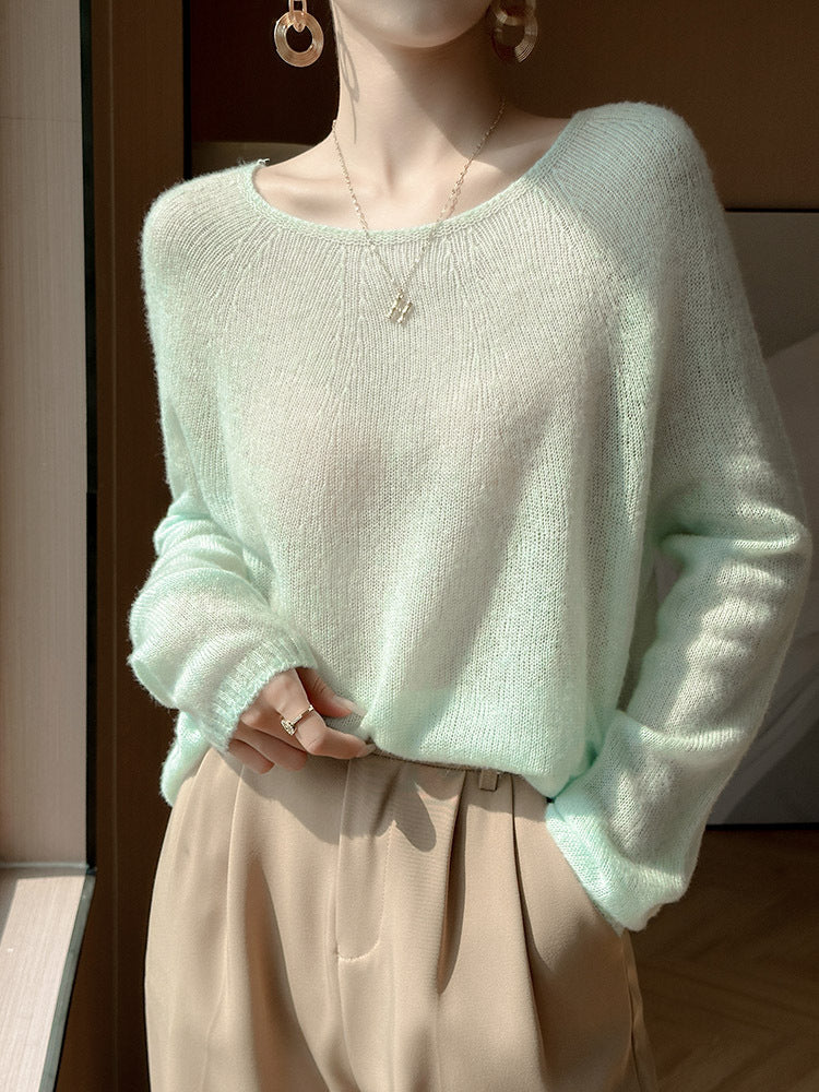 Women's seamless cashmere Tencel thin round neck loose and lazy sweater, wool knitted base sweater