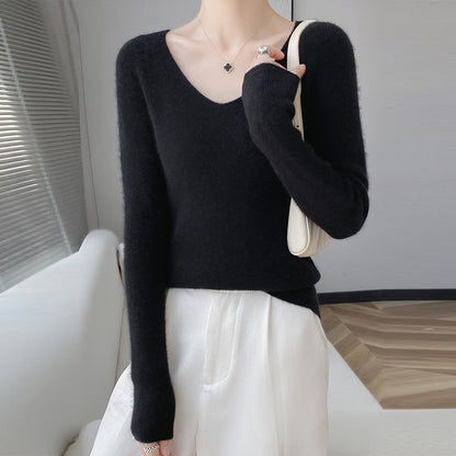 First line ready to wear seamless 100% pure wool sweater women's V-neck sweater with cashmere base knit sweater underneath