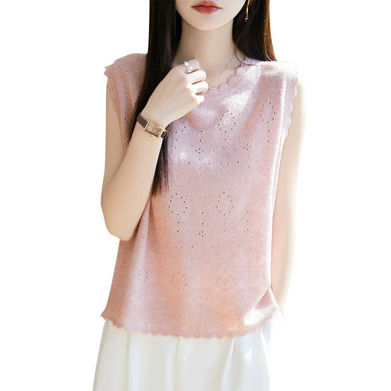 Women's woven wool lace round neck knitted vest with hollowed out jacquard sleeveless base sweater*