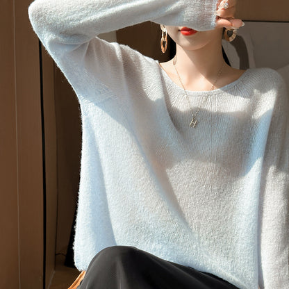 Women's seamless cashmere Tencel thin round neck loose and lazy sweater, wool knitted base sweater