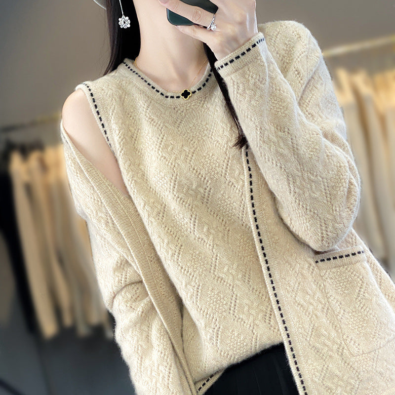 2025 New handmade crochet top with 100% wool sweater loose vest cardigan two-piece sweater set*