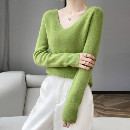 First line ready to wear seamless 100% pure wool sweater women's V-neck sweater with cashmere base knit sweater underneath