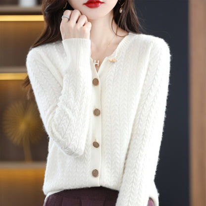 New 100% wool round neck Fried Dough Twists metal button cardigan solid loose knit versatile top 25