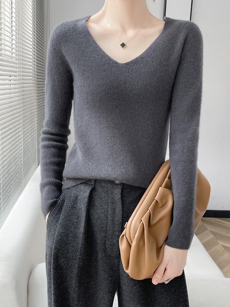 First line ready to wear seamless 100% pure wool sweater women's V-neck sweater with cashmere base knit sweater underneath