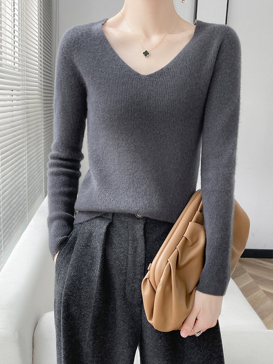 First line ready to wear seamless 100% pure wool sweater women's V-neck sweater with cashmere base knit sweater underneath