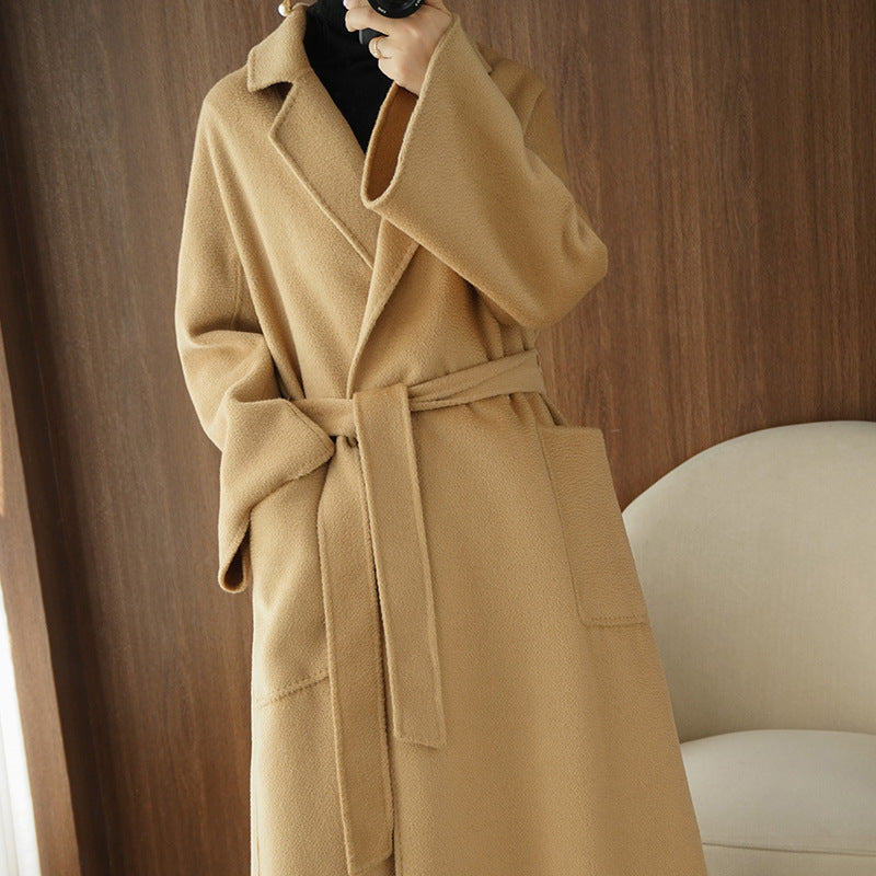 Long and Loose Double-Faced Cashmere Coat with Korean Style Tie-Up Wool Jacket