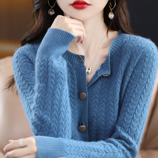 2025 New 100% wool round neck Fried Dough Twists metal button cardigan solid loose knit versatile top*