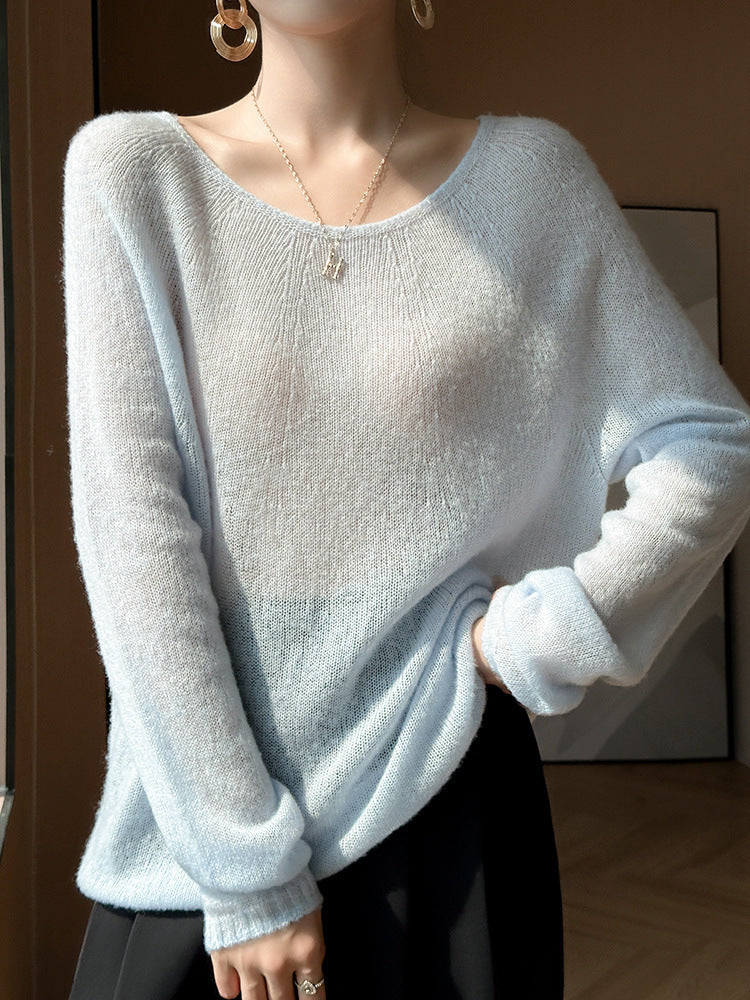 Women's seamless cashmere Tencel thin round neck loose and lazy sweater, wool knitted base sweater