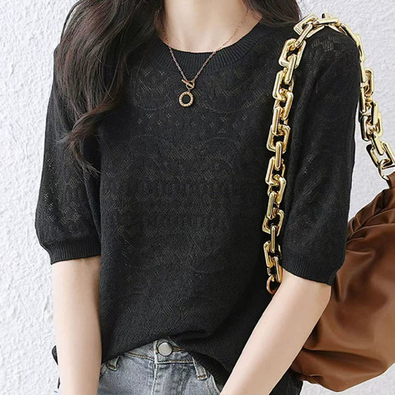 2025 Ladies' hollowed out ice silk T-shirt summer thin casual white short sleeved top*