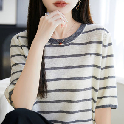 2025 Summer New Knitted Wool Round Neck Knitted Shirt Short Sleeve T-shirt Women's Color blocked Loose and Versatile Match*